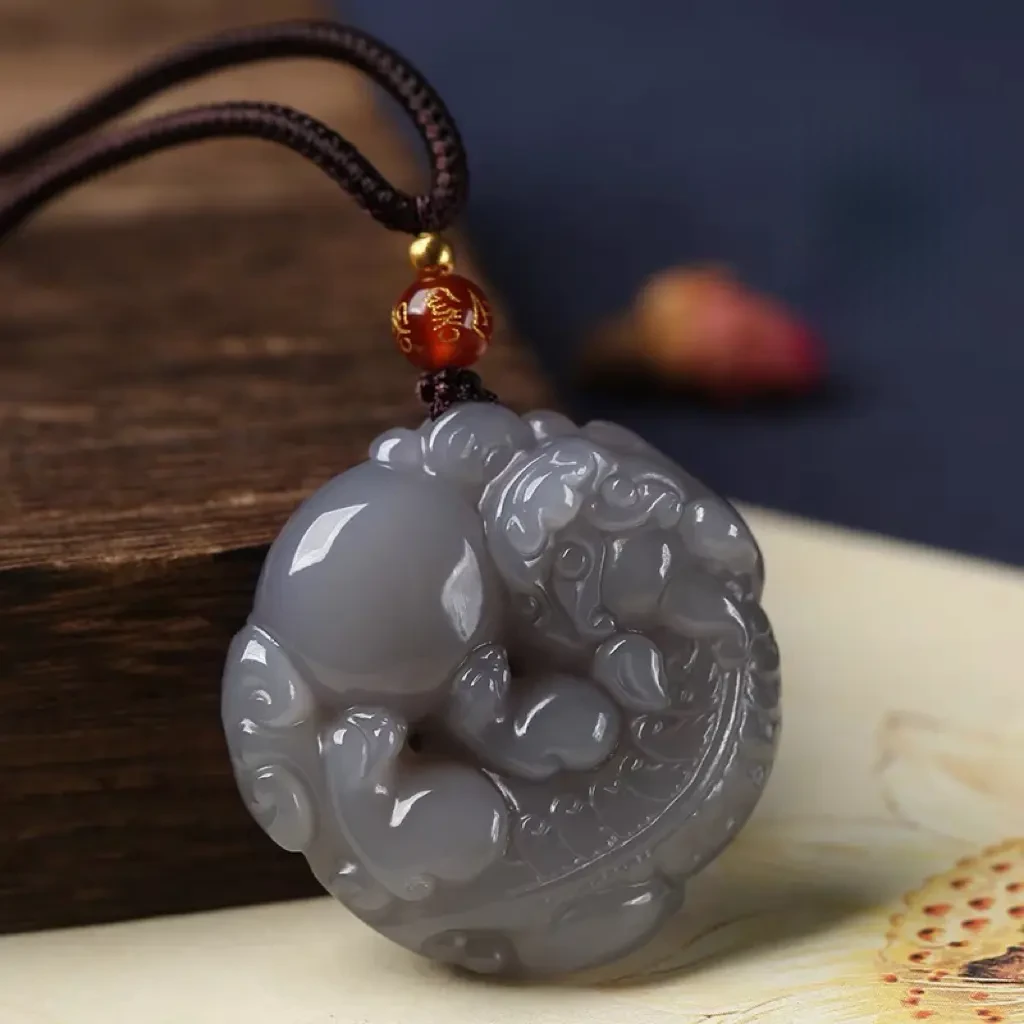 和田玉烟紫貔貅吊坠男友款有求必应玉石皮丘霸王招财貔恘玉坠项链