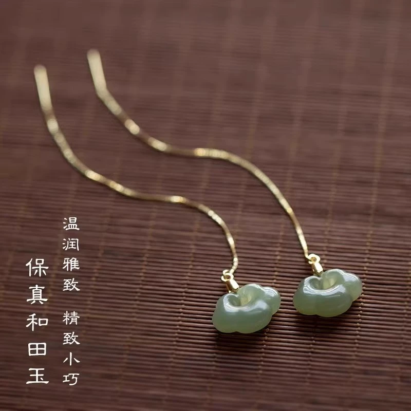 天然新疆和田玉如意纯银S925银耳坠耳线玉石耳饰复古节日礼物