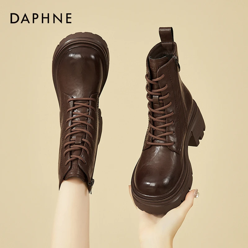 达芙妮黑色马丁靴系带短靴女2025新款冬季加绒英伦风厚底高跟靴子