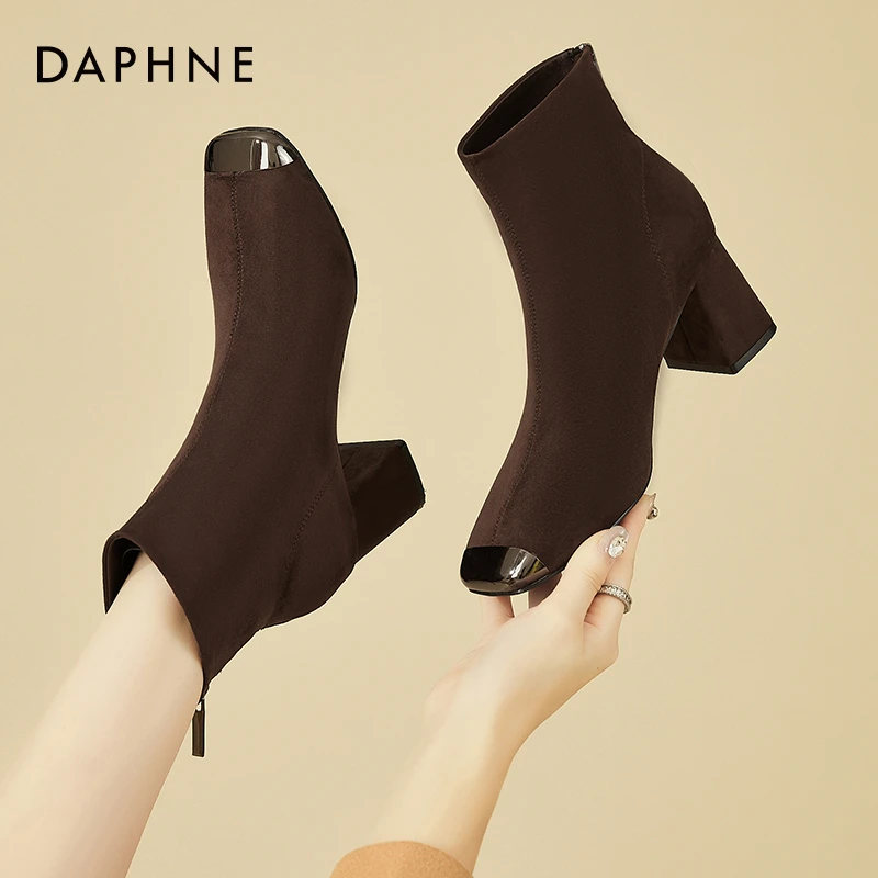 达芙妮粗跟小短靴女靴绒面瘦瘦靴秋冬季2025新款加绒翻毛皮高跟鞋