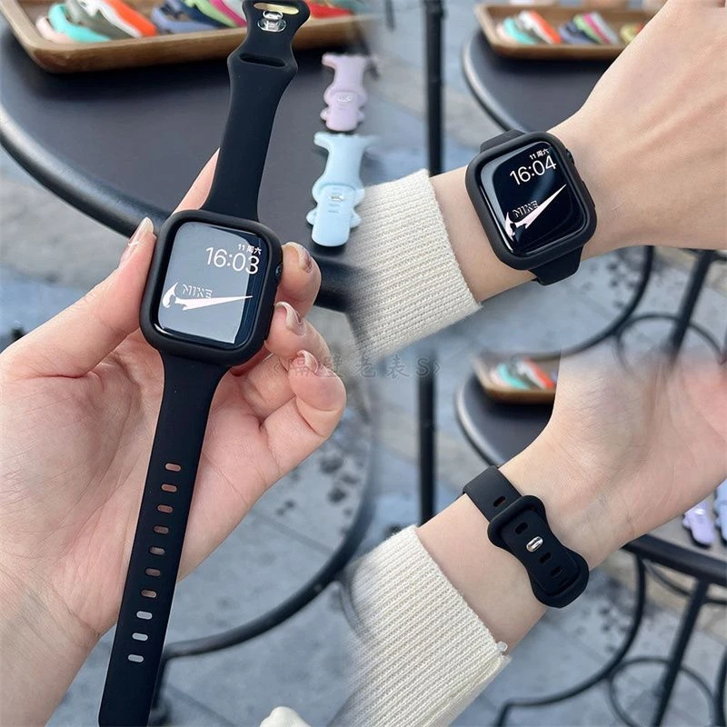 适用apple苹果小蛮腰硅胶S9表带iwatch8SE运动表带超细夏女