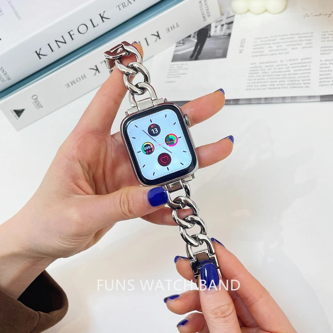 适用AppleiwatchS987SE金属牛仔手链表带ins风细款女生高级感透气