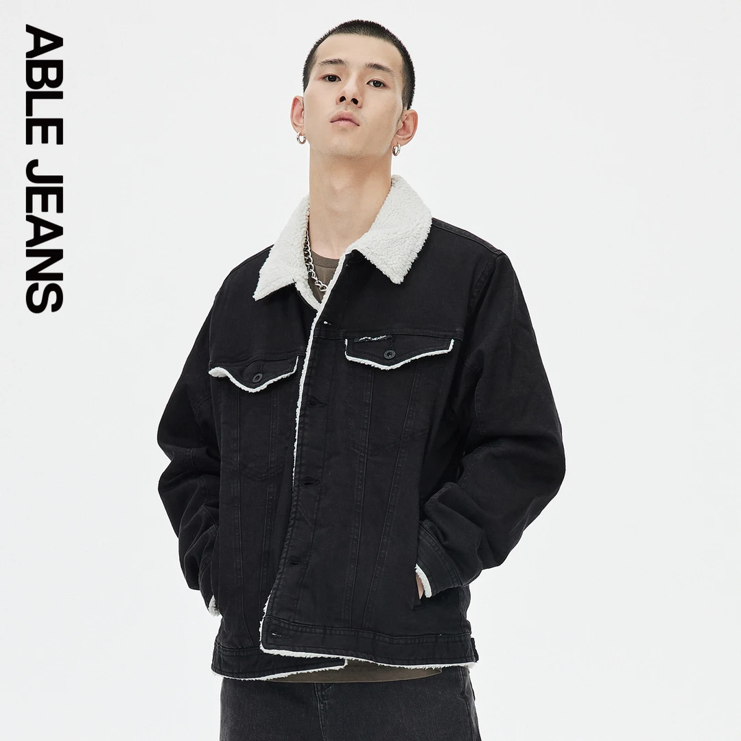 ABLE JEANS 秋冬仿羊羔绒保暖黑色复古翻领牛仔夹克棉服外套上衣