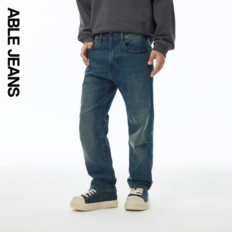 ABLEJEANS【直筒滑板裤】秋季黄蓝色宽松直筒牛仔裤男款男士801552