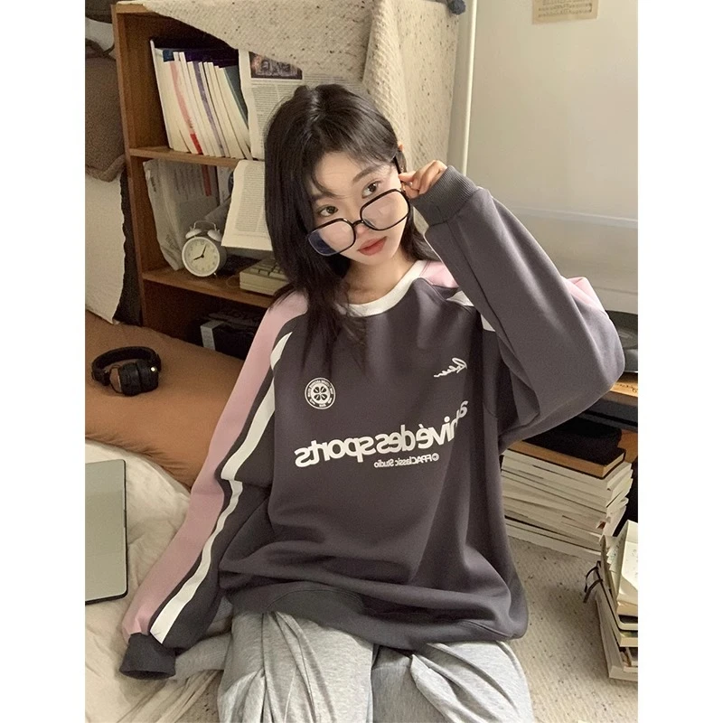 美式复古字母印花宽松休闲百搭早秋撞色插肩长袖卫衣女装ins风