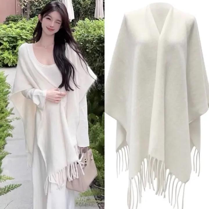2024秋冬流苏欧美爆款保暖棉羊毛纯色披肩气质百搭单色斗篷披风