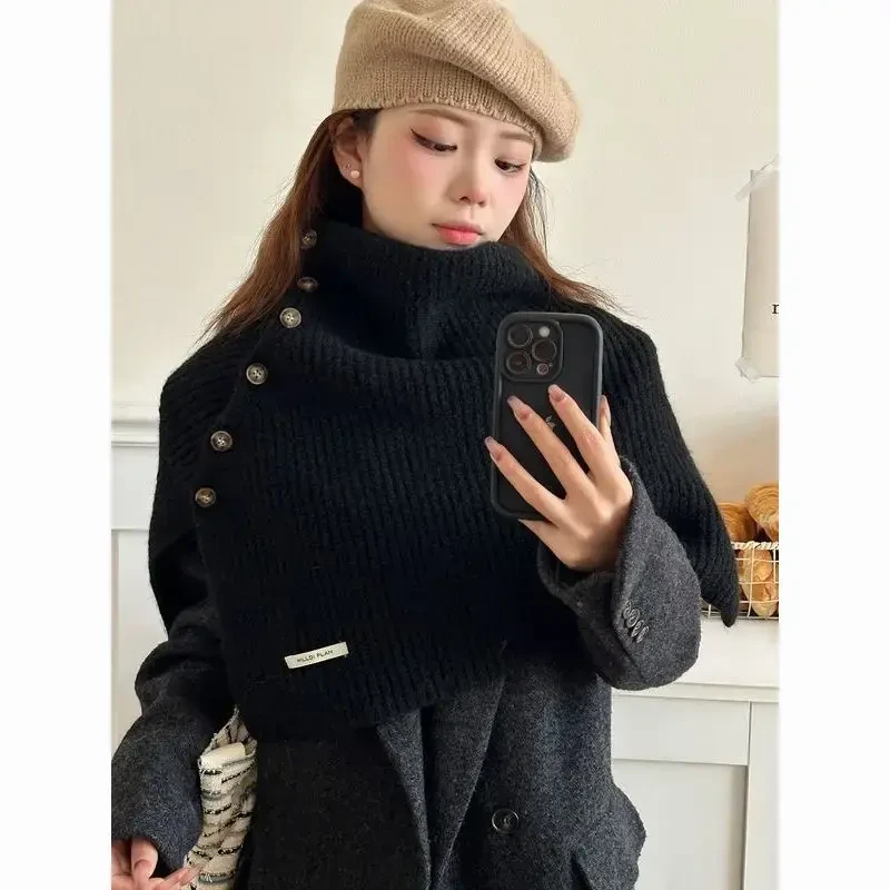 小纵时髦慵懒风披肩斗篷冬季高领保暖韩国ins纽扣毛线针织外搭