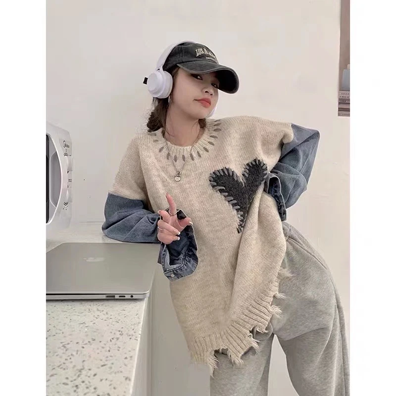 慵懒风爱心牛仔拼接毛衣女春秋冬小众设计感破洞宽松针织衫上衣服