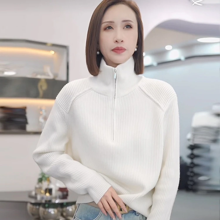 2024秋冬韩系时尚休闲高领半拉链毛衣高级感宽松软糯针织衫上衣女