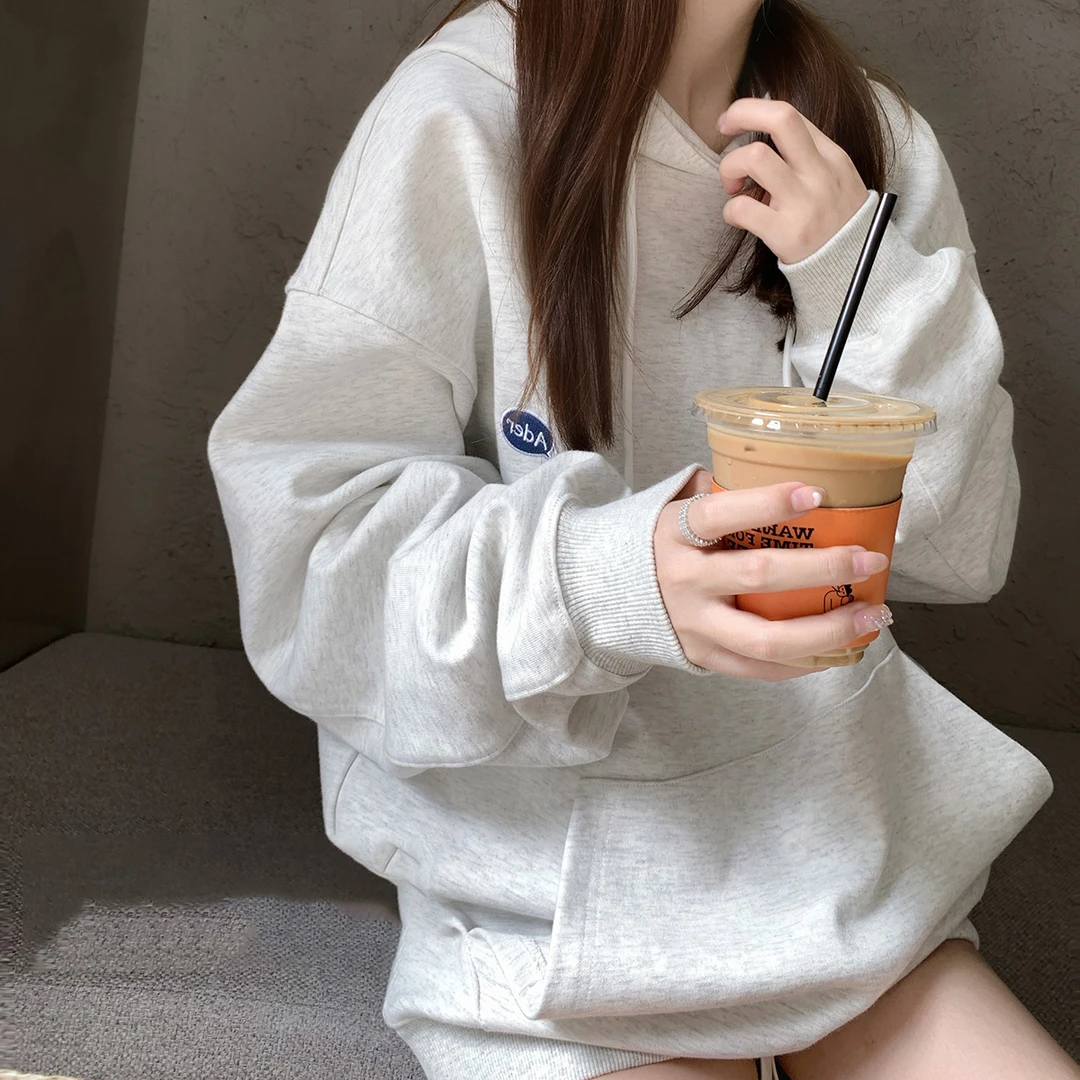 高级灰连帽卫衣女秋冬季新款ins潮牌卡通印花宽松中长款套头外套