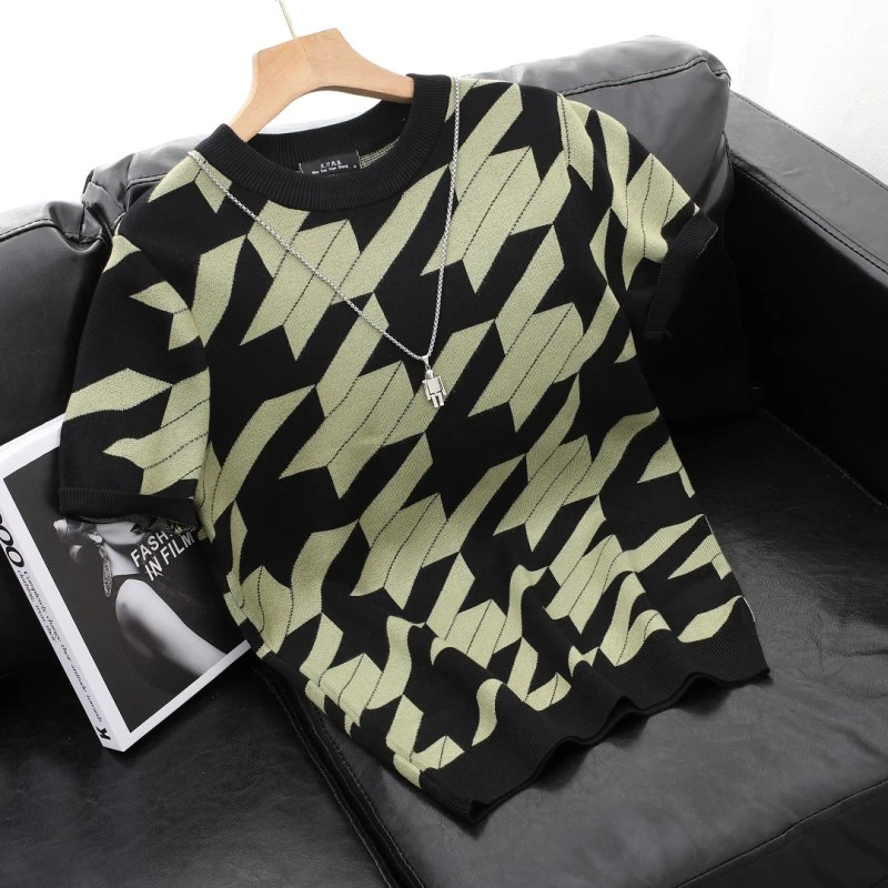 千鸟格短袖毛衣秋冬厚款针织衫男生潮牌轻奢时尚修身圆领打底毛衫