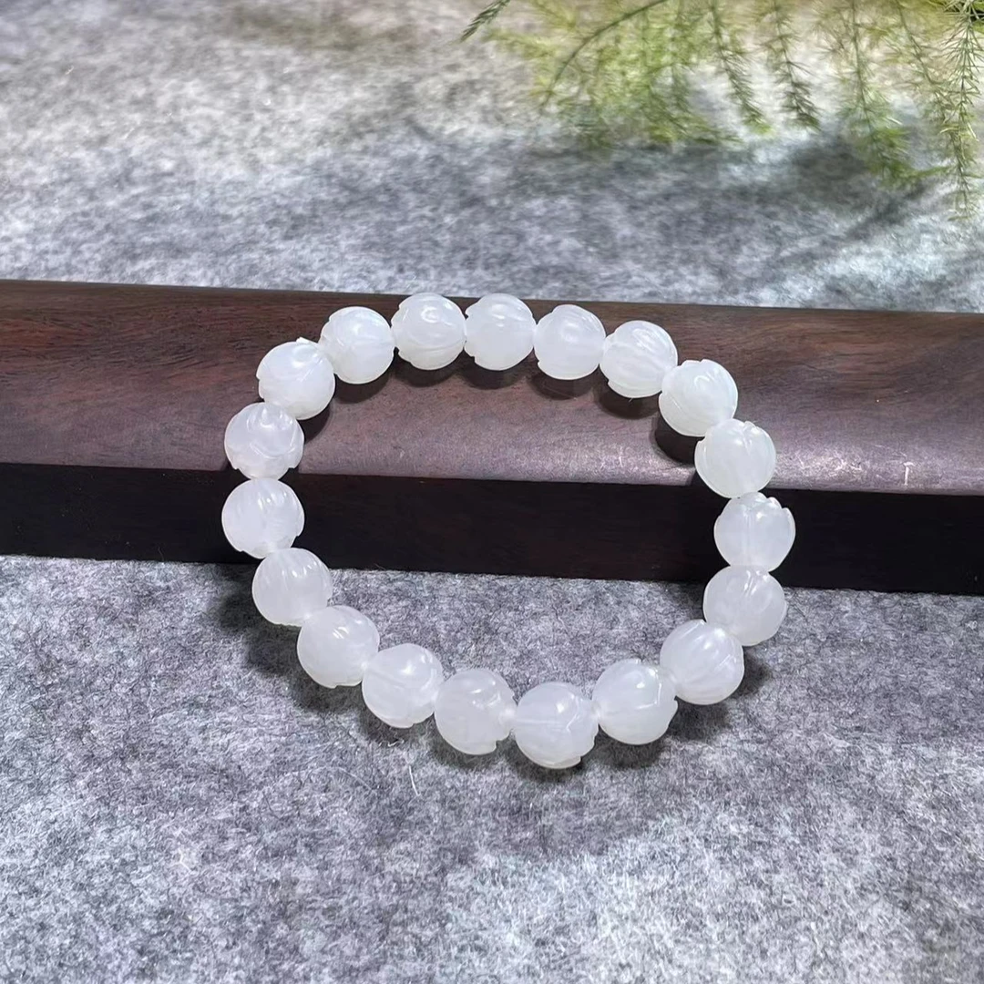 和田玉白玉莲花雕刻手串手工制作轻奢时尚小众百搭款送礼新年礼物