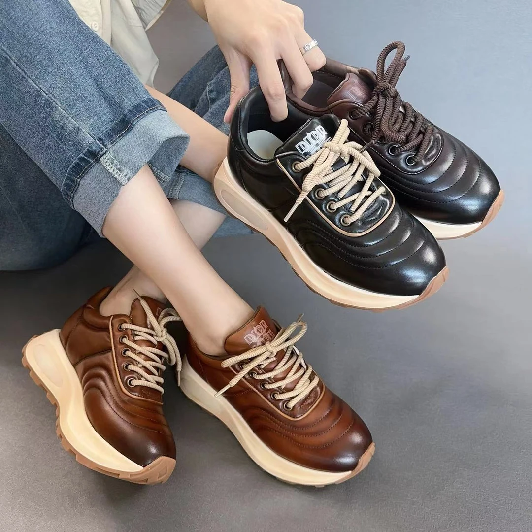 琪琪甄选-高定款休闲单鞋2024秋冬新款圆头增高时尚复古真皮女鞋