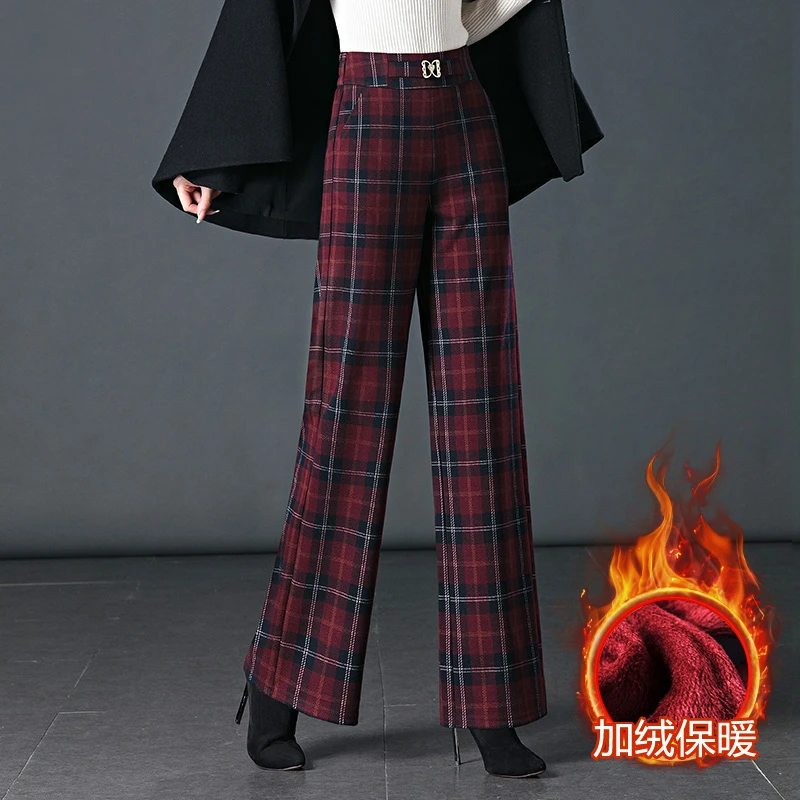 专柜正品冬季高腰直筒休闲裤女25加绒加厚安哥拉红显瘦宽松阔腿裤