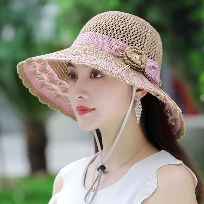 女士防晒帽夏季可折叠水洗韩版遮阳帽大沿沙滩凉帽太阳帽针织帽