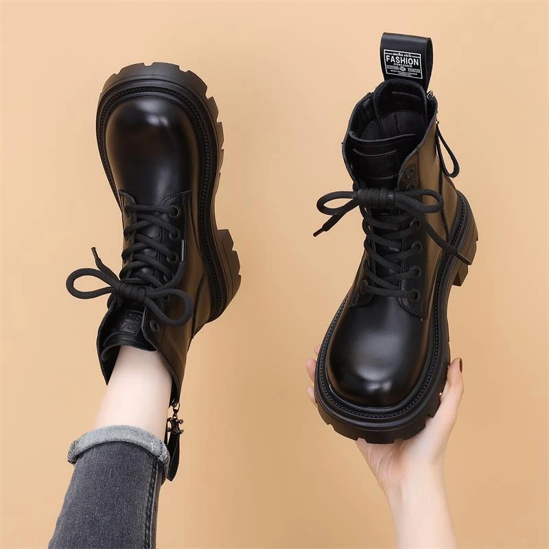 真皮马丁靴女款英伦风2023新款冬季厚底加绒靴增高炸街短靴小码34