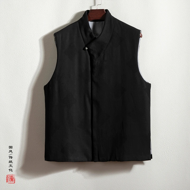 秋冬季中式马甲男中国风加棉加厚唐装棉麻汉服V领坎肩复古风外套