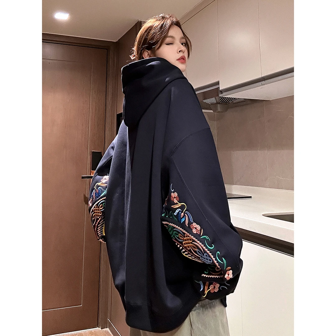 中国风刺绣连帽卫衣男设计感春秋季潮牌民族风情侣外套高级感上衣