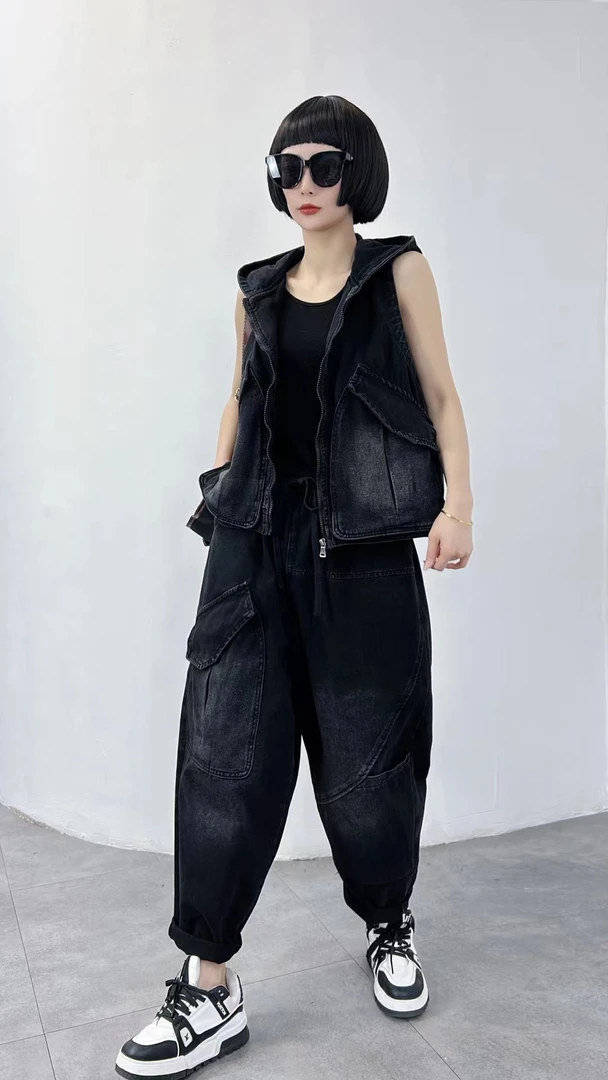 牛仔马甲女百搭外穿2024新款韩版宽松文艺时尚休闲圆领连帽马夹女