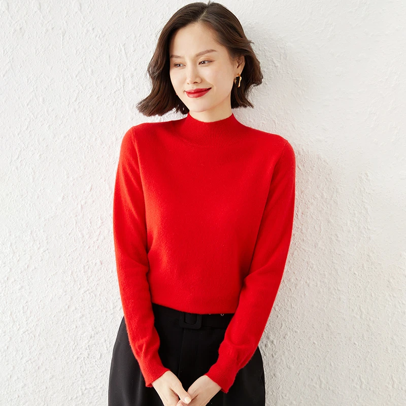 秋冬款半高领针织衫女加厚宽松长袖套头打底针织时尚基础款毛衣
