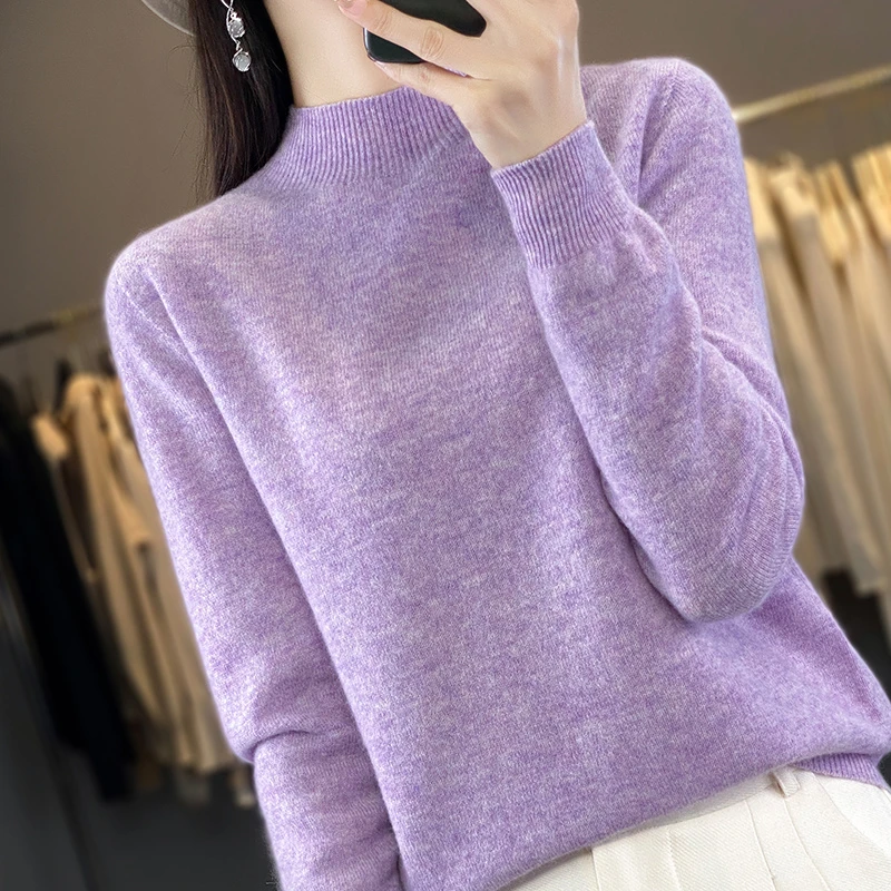 【一线成衣】羊毛秋冬新款长袖针织毛衣宽松时尚打底半高领羊毛衫女