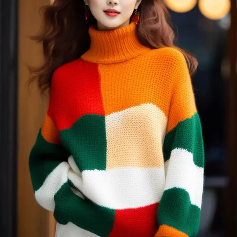 拼接彩色高翻领仿羊毛材质针织衫女士秋冬保暖半高领宽松拼色条纹