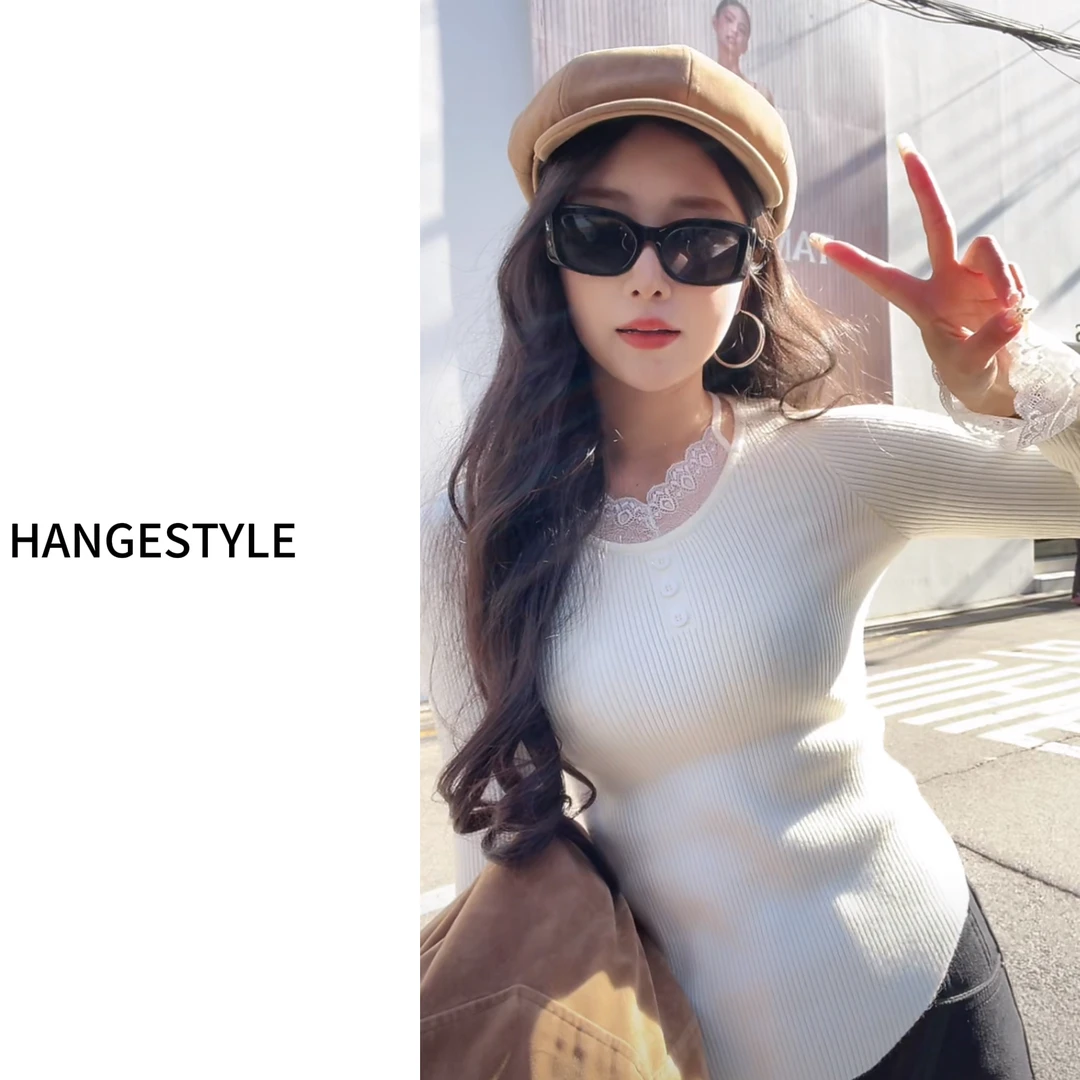 蕾丝边针织衫上衣女秋冬独特绝美韩系气质漂亮上衣