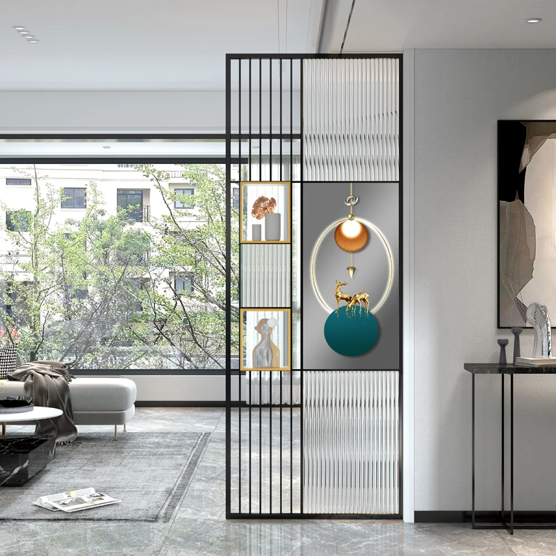 铁艺现代定制艺术简约屏风客厅北欧入户门轻奢金属长虹玻璃玄关隔