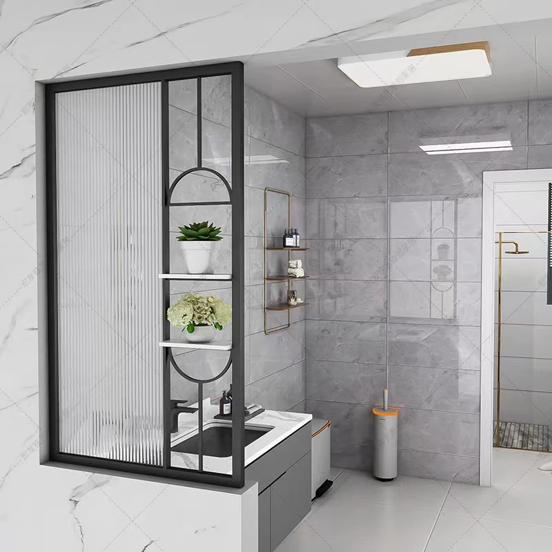 长虹玻璃屏风遮挡洗漱台干区隔断铁艺简约现代轻奢不锈钢玄关装饰