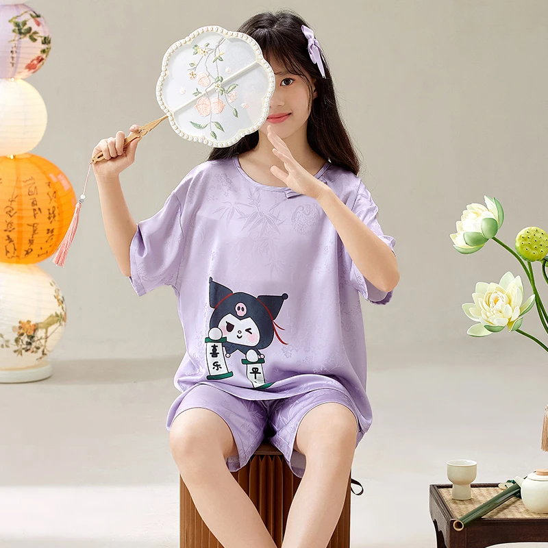 新款短袖薄款夏季儿童睡衣女童中国风可爱库洛米中大童家居服套装