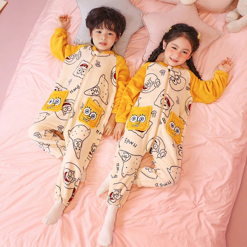 儿童法兰绒连体睡衣冬季加厚款宝宝加绒珊瑚绒男童女童恐龙家居服