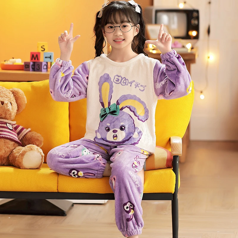 儿童睡衣2023新款法兰绒女宝宝中大童女孩秋冬季薄款珊瑚绒家居服
