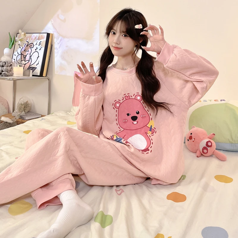 甜美睡衣女款春秋冬季宽松空气棉2024新款加厚保暖套装夹棉家居服