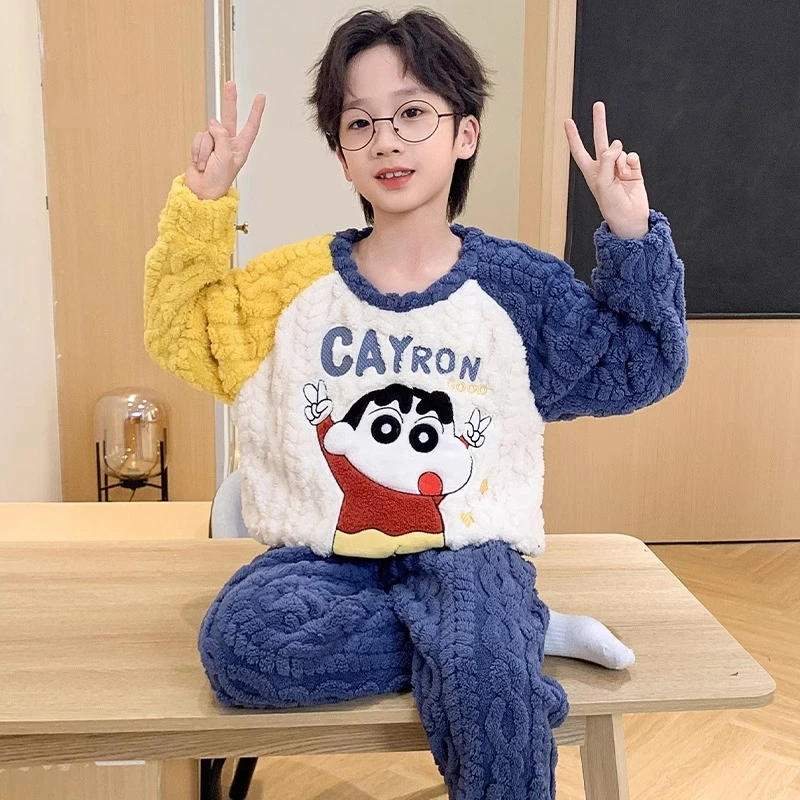 男童睡衣加厚加绒秋冬家居服珊瑚绒中大童法兰绒卡通蜡笔小新套装