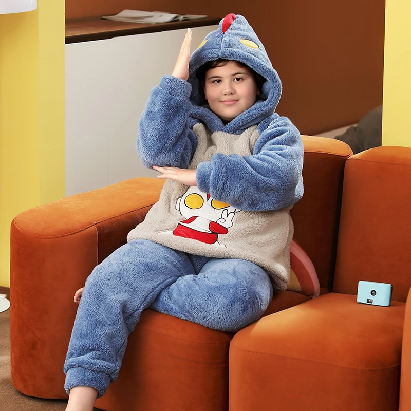 儿童珊瑚绒睡衣男童可爱法兰绒加肥加大卡通男孩中大童家居服套装