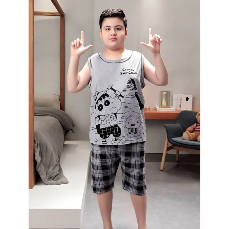 莫代尔夏季薄款儿童睡衣胖童加肥加大短袖款背心男童打底夏天套装