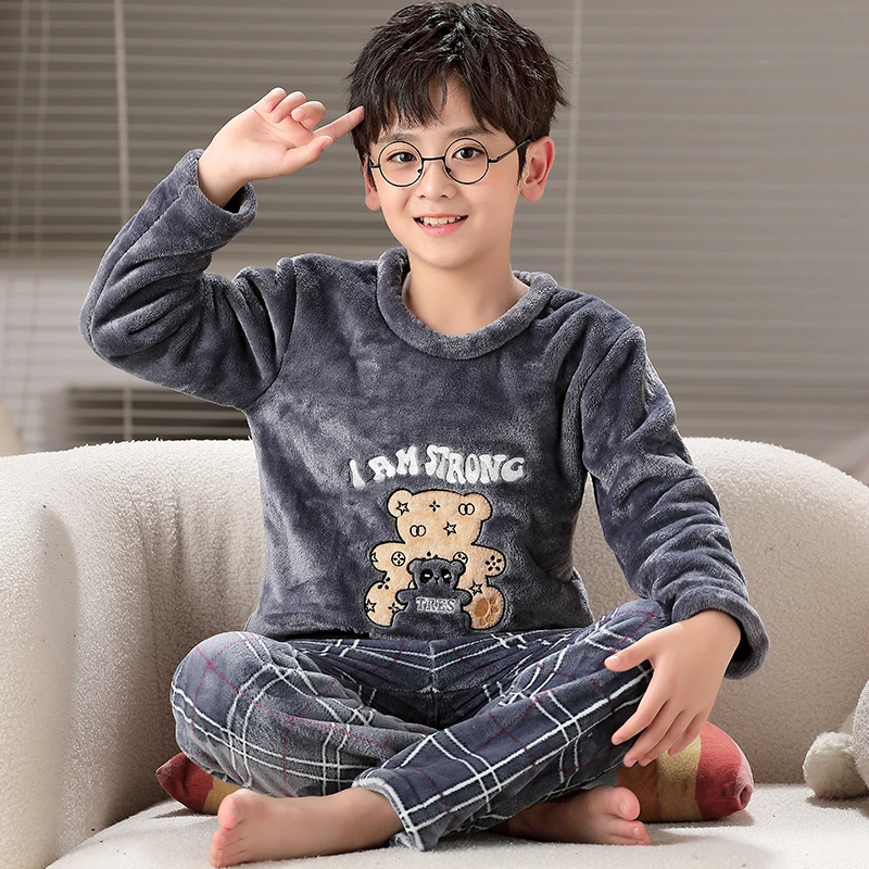 秋冬季胖儿童睡衣男孩珊瑚绒加厚加绒中大童青少年小学生法兰绒冬