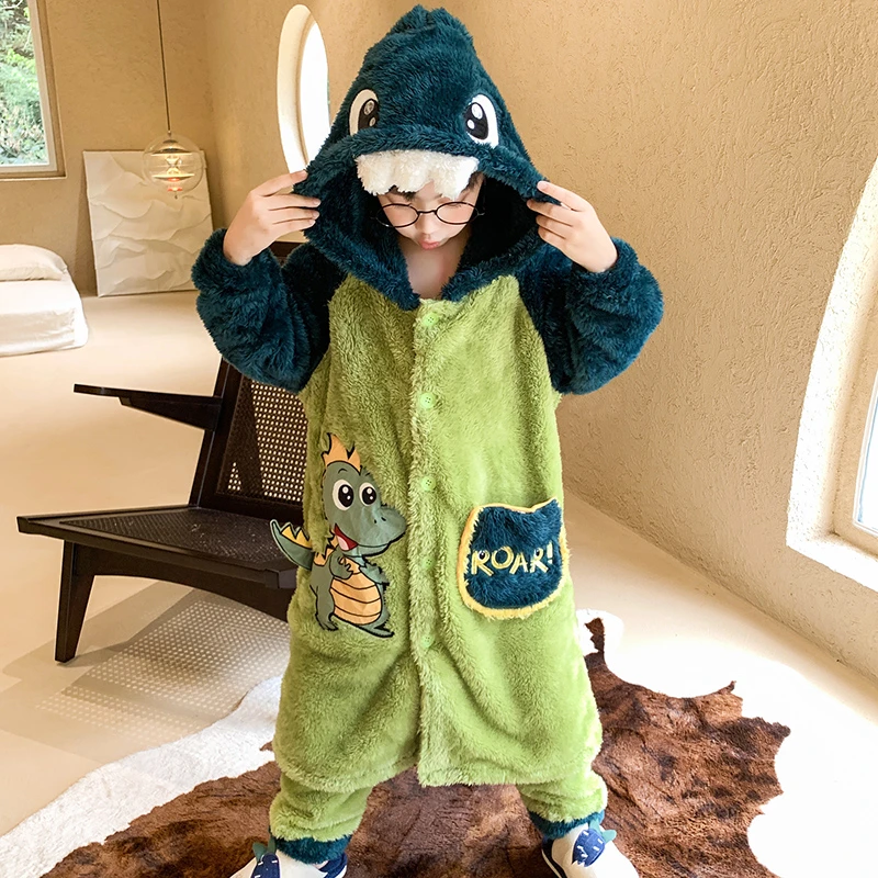 儿童睡衣男童男孩冬中长款睡袍浴袍加厚款加绒珊瑚绒2023年新款