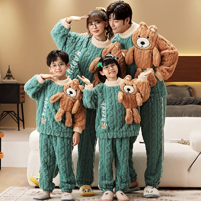 亲子家庭睡衣母子秋冬季珊瑚绒男女童加厚儿童中大童法兰绒情侣装