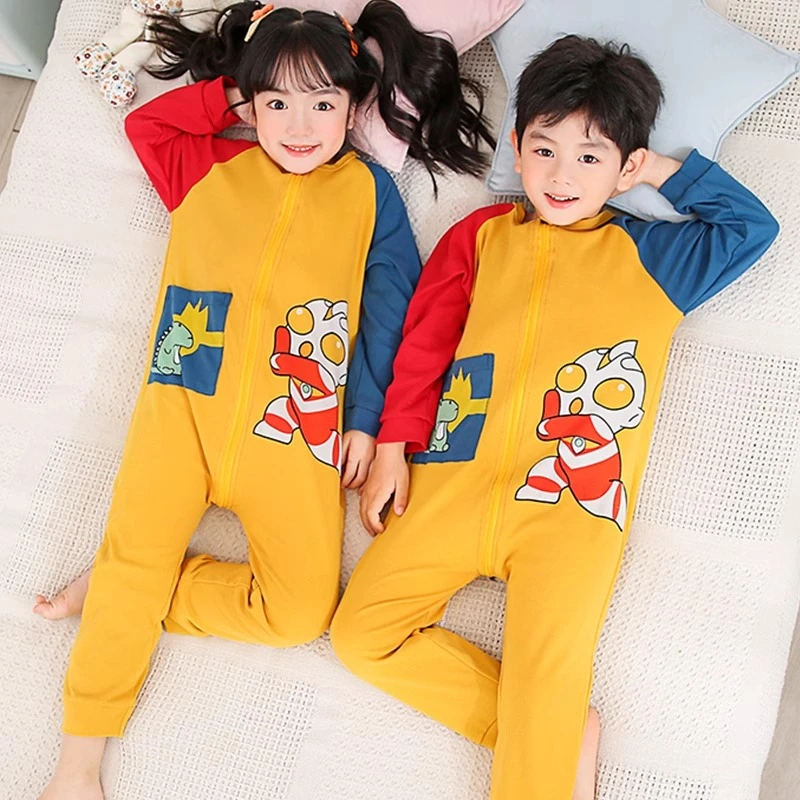 儿童连体睡衣男童女孩纯棉长袖春秋季薄款宝宝空调服卡通防踢睡袋
