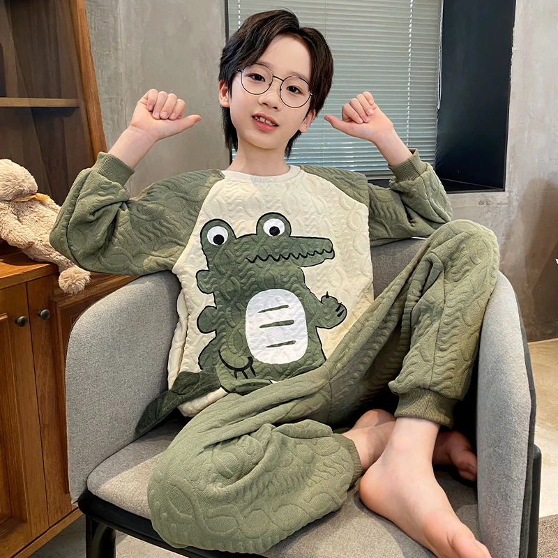 男童睡衣秋季纯棉长袖加厚空气棉夹层秋冬款男孩青少年家居服套装