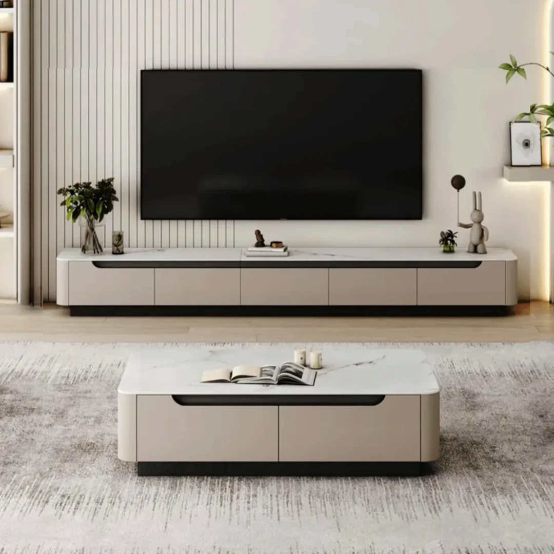 全实木茶几电视柜组合意式极简风简约羊绒灰奶油白色可储物烤漆