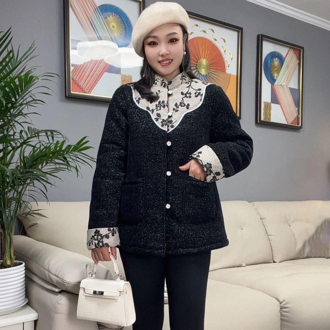 冬季新款加绒加厚棉袄蕾丝小香风气质时尚百搭保暖拼接三层加厚