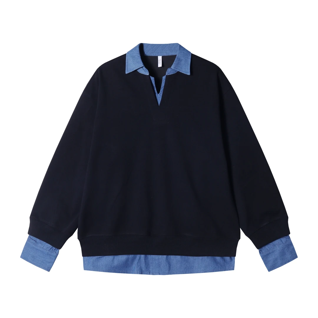 秋冬季新款时尚个性港风撞色翻领假两件长袖卫衣百搭宽松拼接上衣