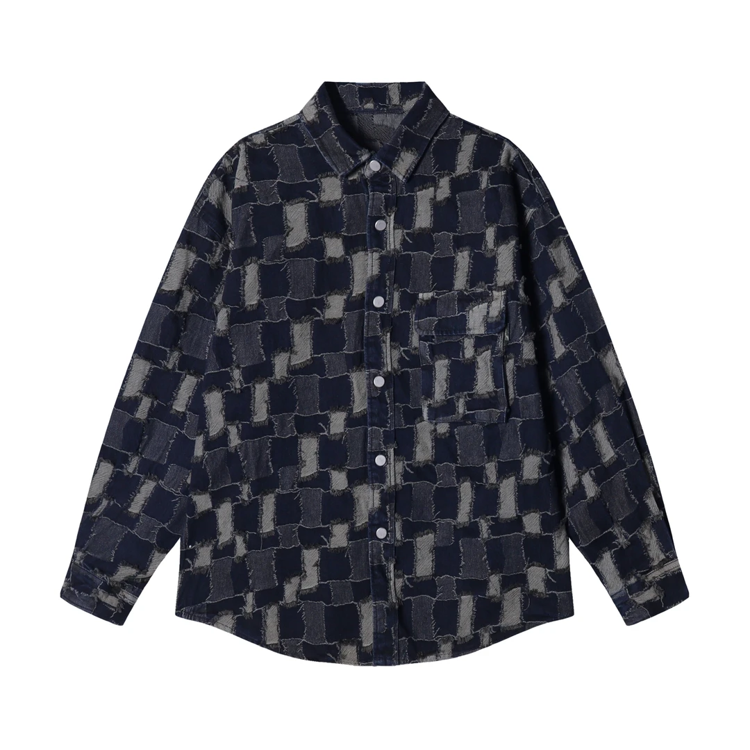 CS201秋冬季新款牛仔衬衫外套潮流时尚个性拼接格子长袖衬衣男装