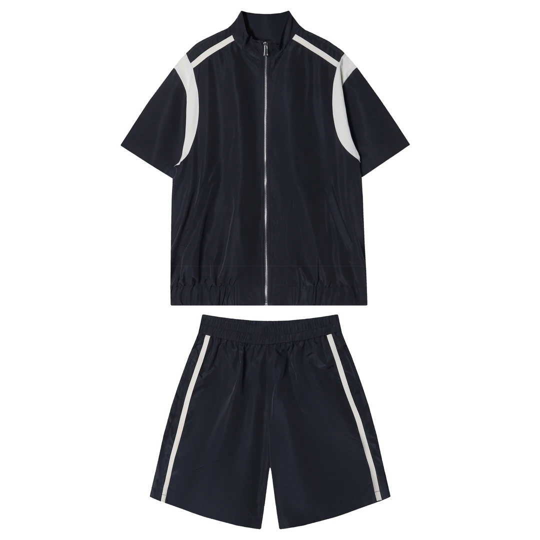 T1237新款时尚撞色拉链休闲男士套装潮流宽松短袖百搭休闲短裤