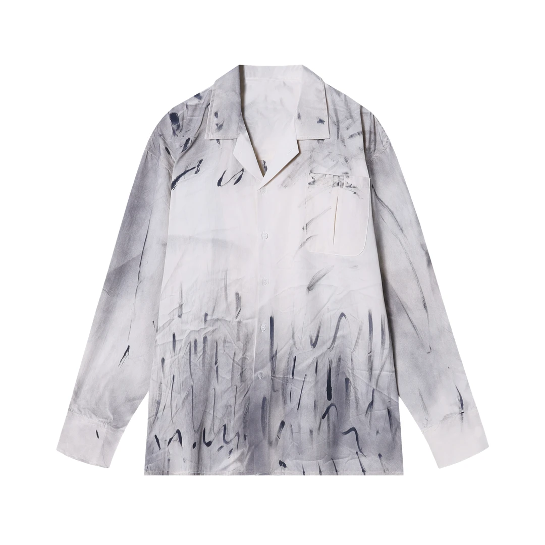 夏季时尚新款涂鸦印染男士衬衫百搭口袋设计上衣宽松小众长袖