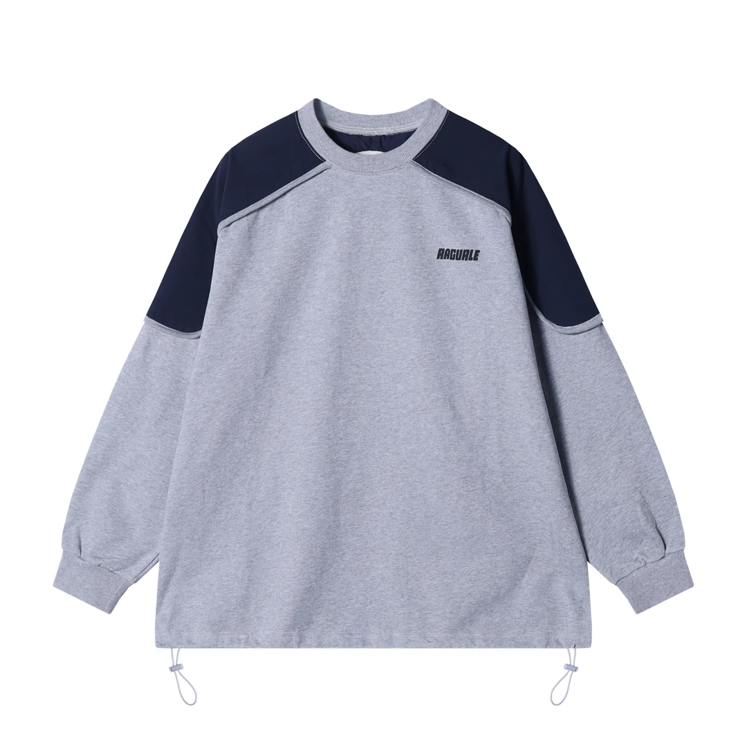 秋季新款时尚个性美式撞色抽绳圆领长袖卫衣潮流百搭假两件上衣