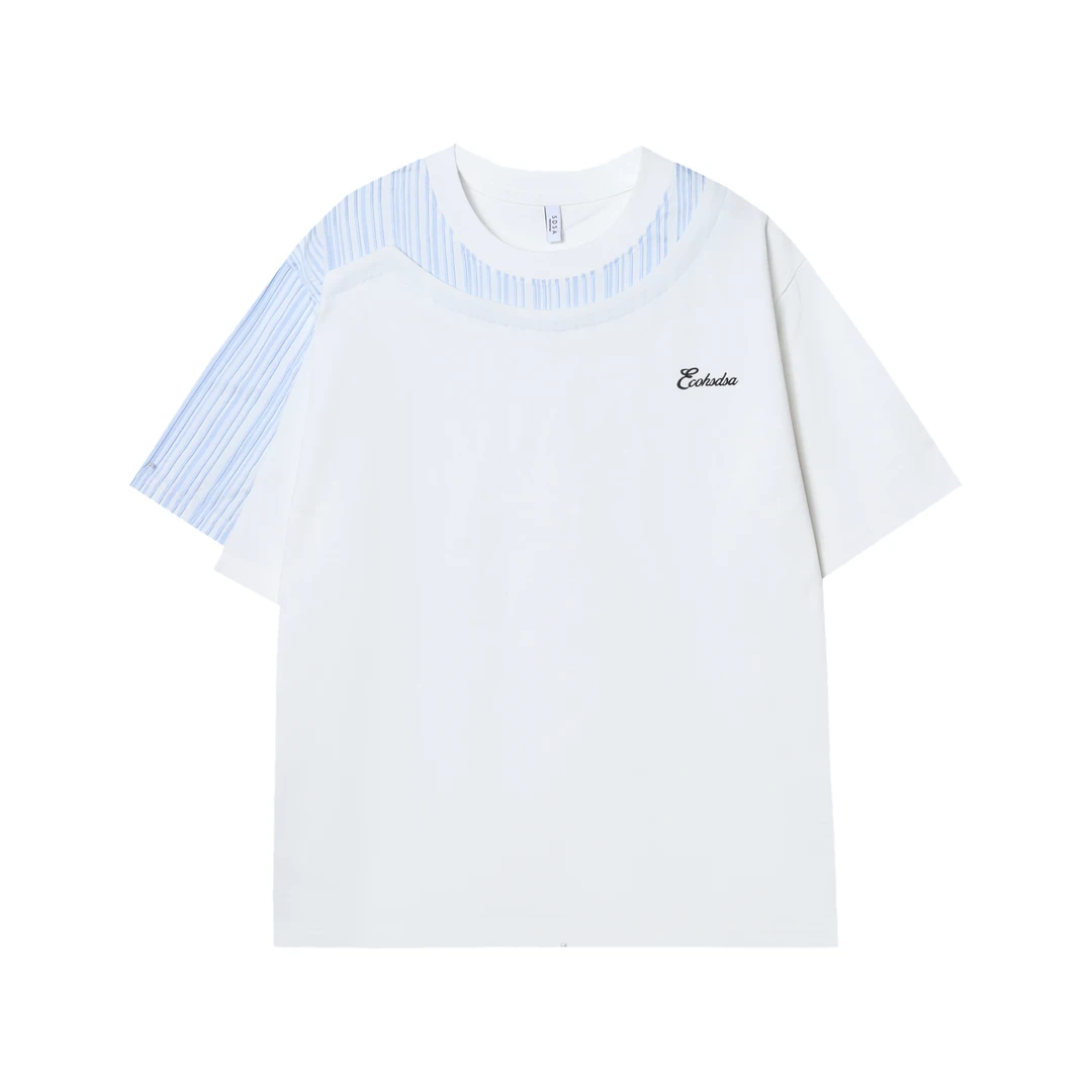 T630夏季国潮条纹拼接T恤设计感男女情侣短袖牌宽松圆领休闲上衣