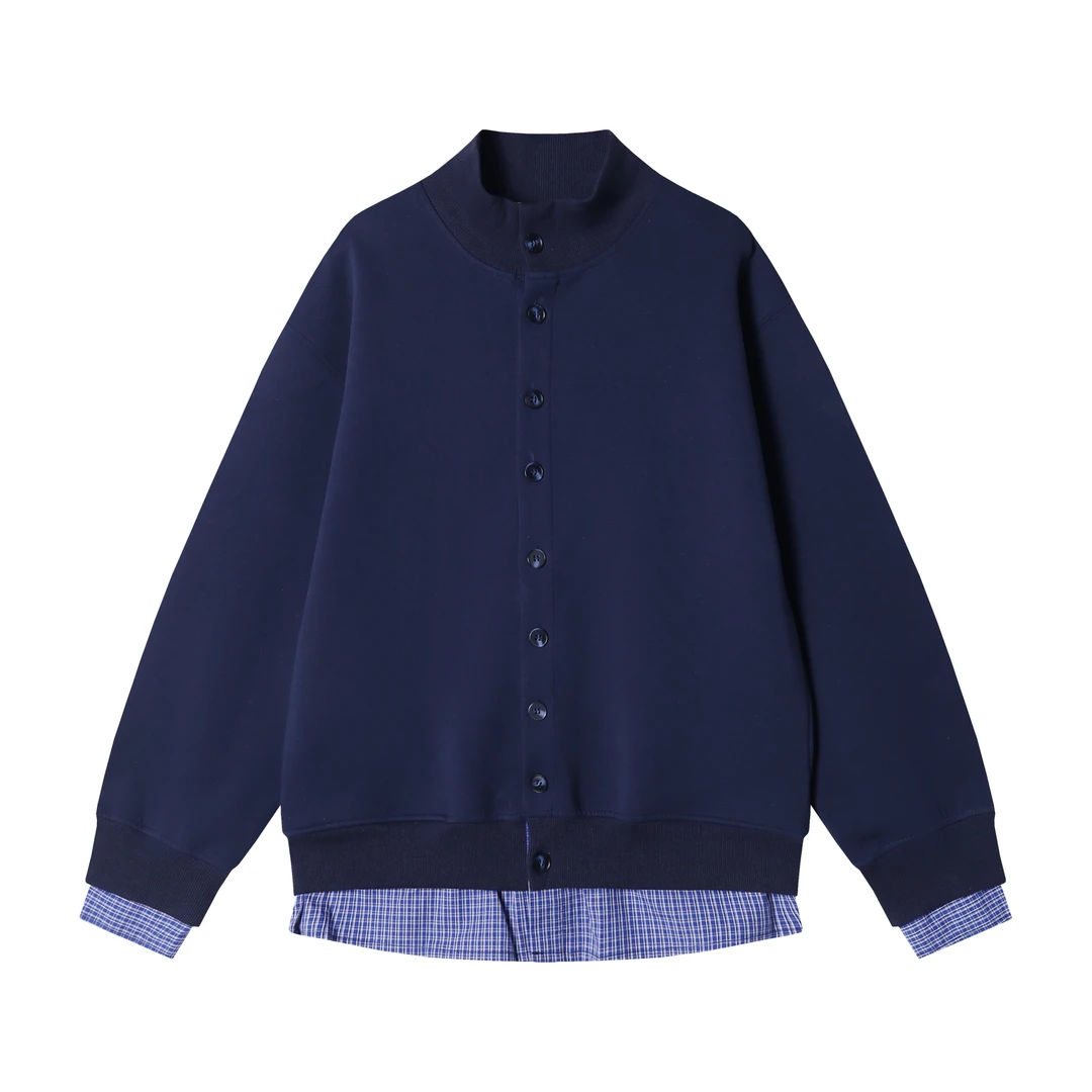 秋冬季新款时尚个性日系拼接纽扣开衫假两件卫衣休闲百搭潮流外套